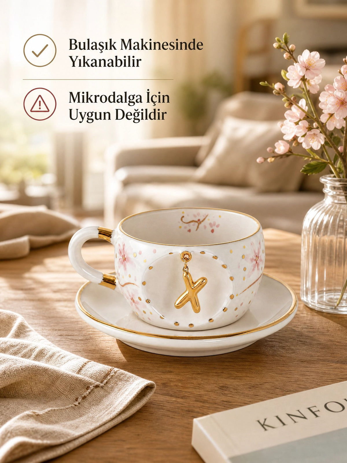 Sakura Harfli Porselen Çay Fincanı
