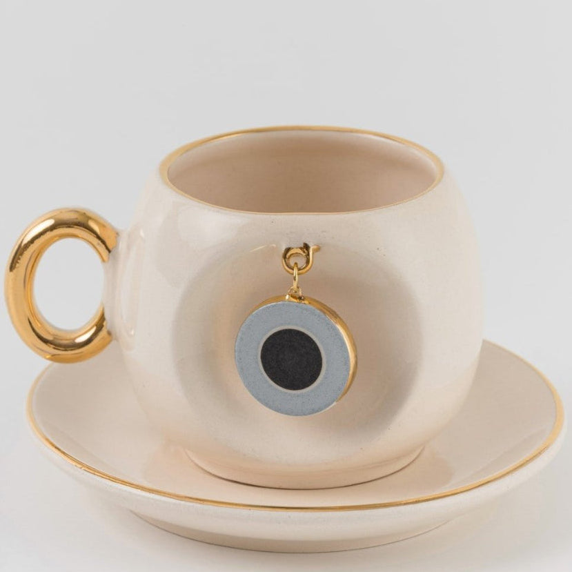Mavi Yuvarlak Nazar Boncuklu Seramik/Porselen Kahve Fincanı