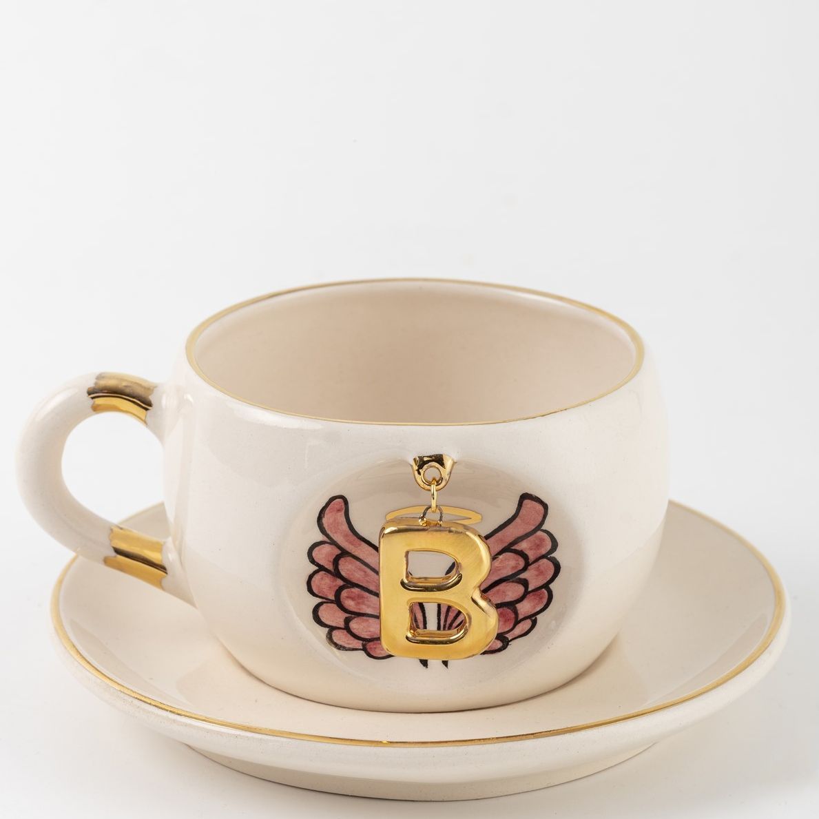 Pembe Melek Kanatlı Harfli  Seramik/Porselen Çay Fincanı