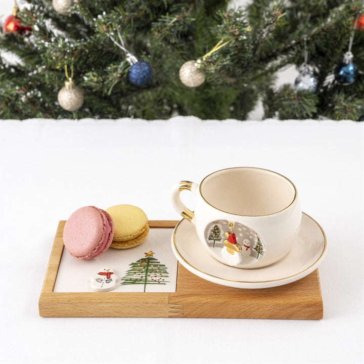 Porselen Kış Noel Baba Çay Fincanı Sunum Seti